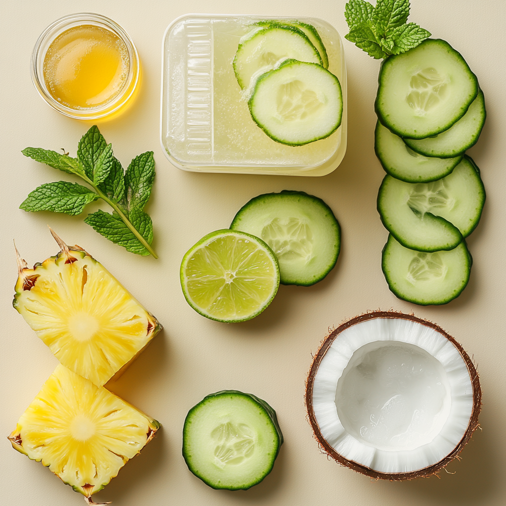 Coconut Water Mocktail Ingredients Flat Lay with Fresh Fruit and Herbs Ingredients for coconut water mocktail recipe