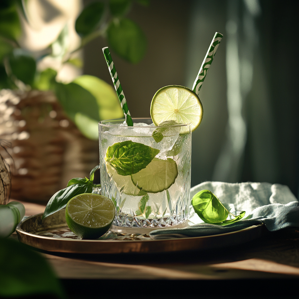 Coconut Water Mocktail Fully Prepared and Served with Mint and Straw Coconut water mocktail ready to serve