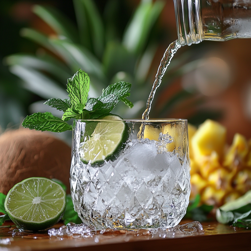 Tropical Coconut Water Mocktail You’ll Love Instantly 4 Pouring coconut water mocktail over ice