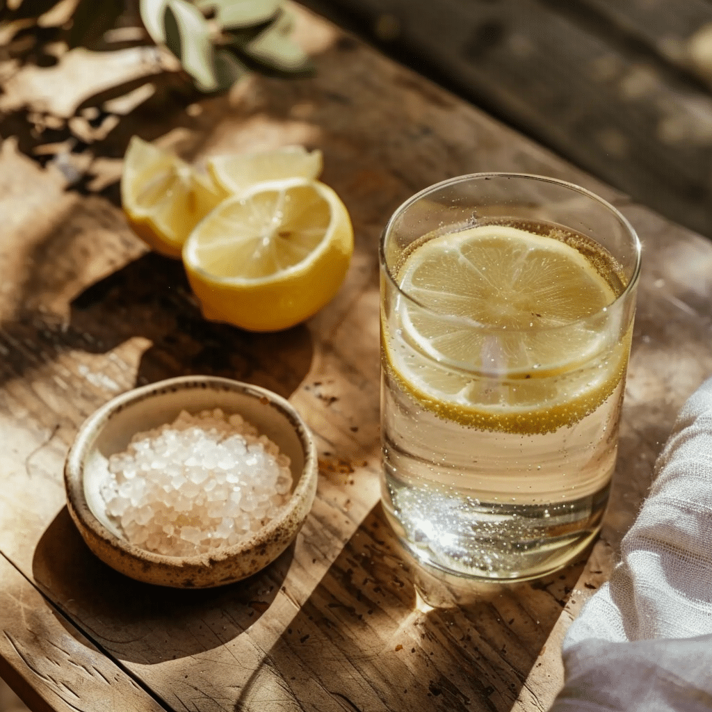 Japanese pink salt recipe drink served in a glass with lemon and salt on a wooden table