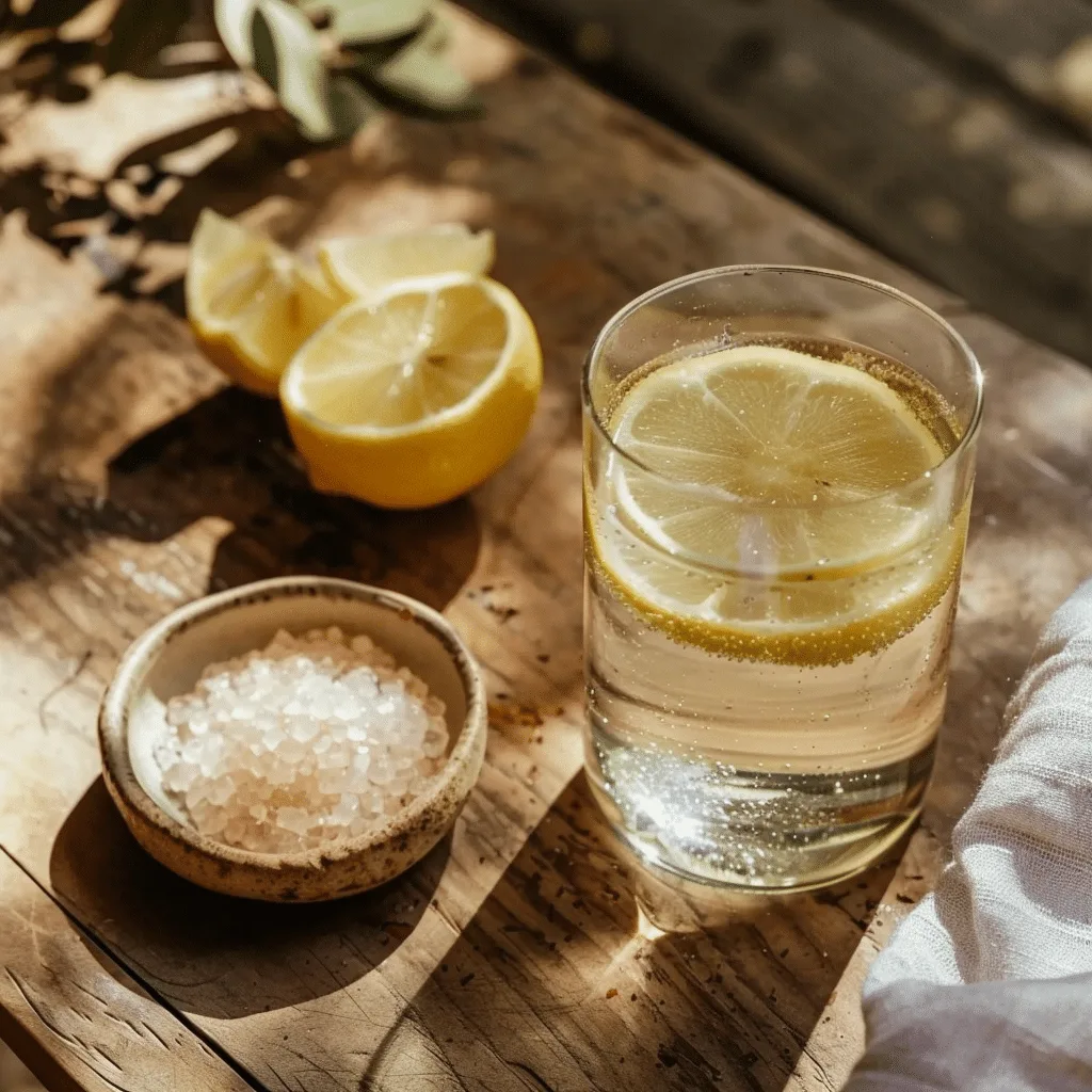 Japanese Pink Salt Recipe – A Simple Habit That Really Helps 1 Japanese pink salt recipe drink served in a glass with lemon and salt on a wooden table