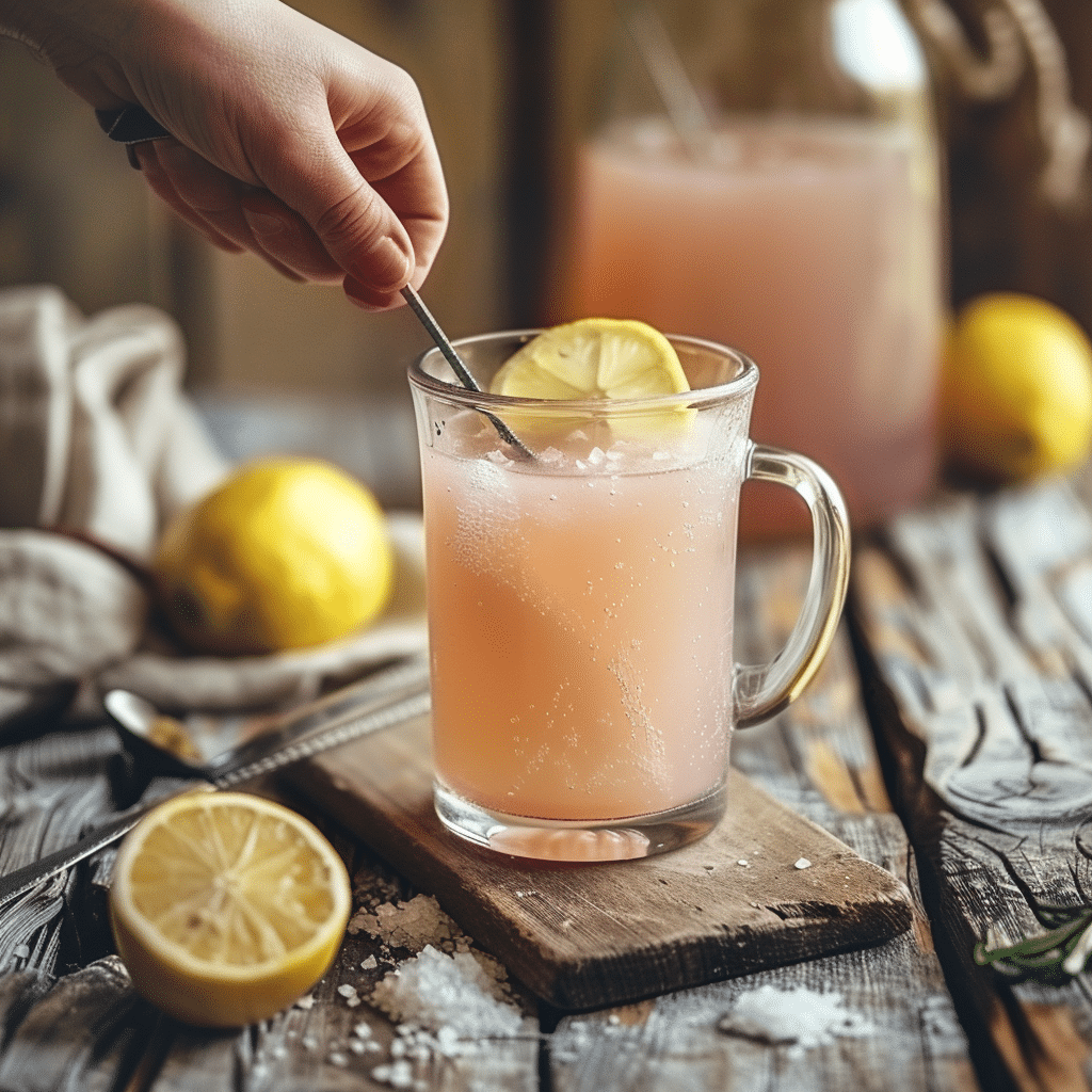 Stirring Japanese pink salt drink with lemon in a glass mug Stirring Japanese pink salt drink with lemon in a glass mug
