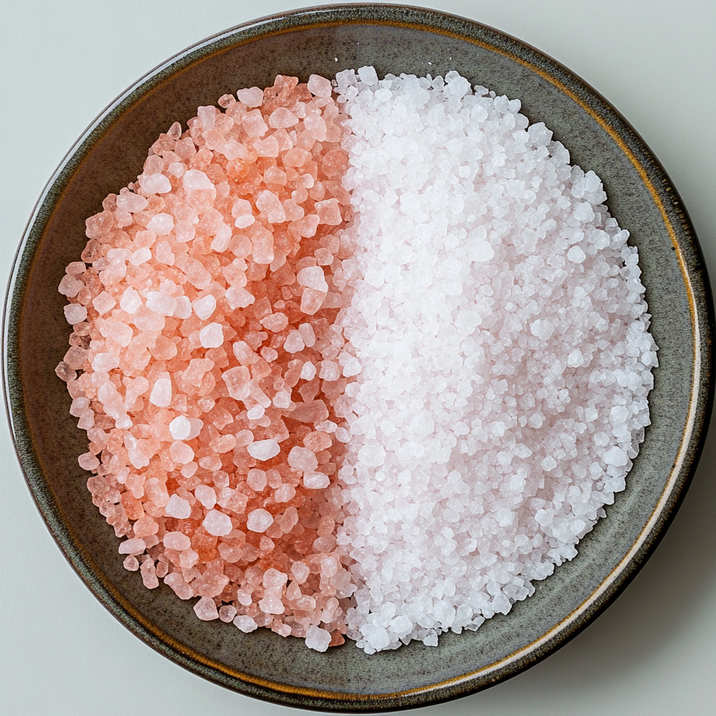 Fine and Coarse Pink Salt Crystals Side by Side Fine and coarse pink salt on ceramic plate