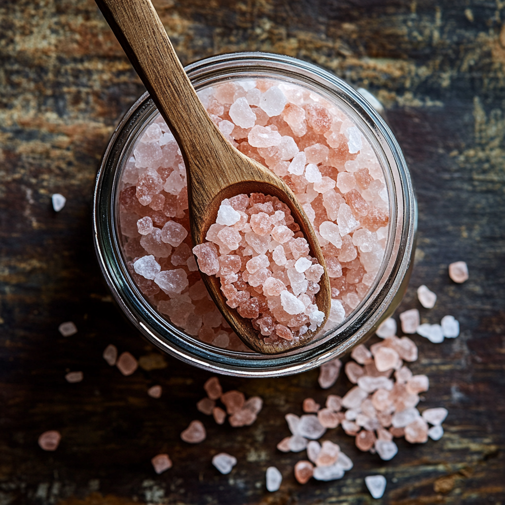 Pink Himalayan salt in jar with wooden spoon
