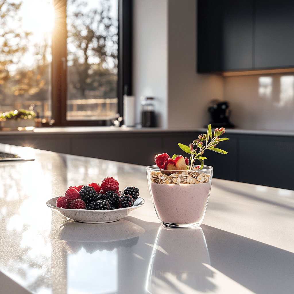 Serving the Pink Salt Trick with Breakfast Serving pink salt drink with light breakfast in modern kitchen