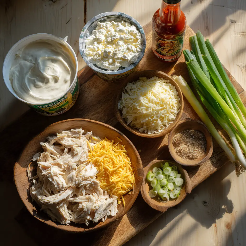 Ingredients for healthy buffalo chicken dip recipe