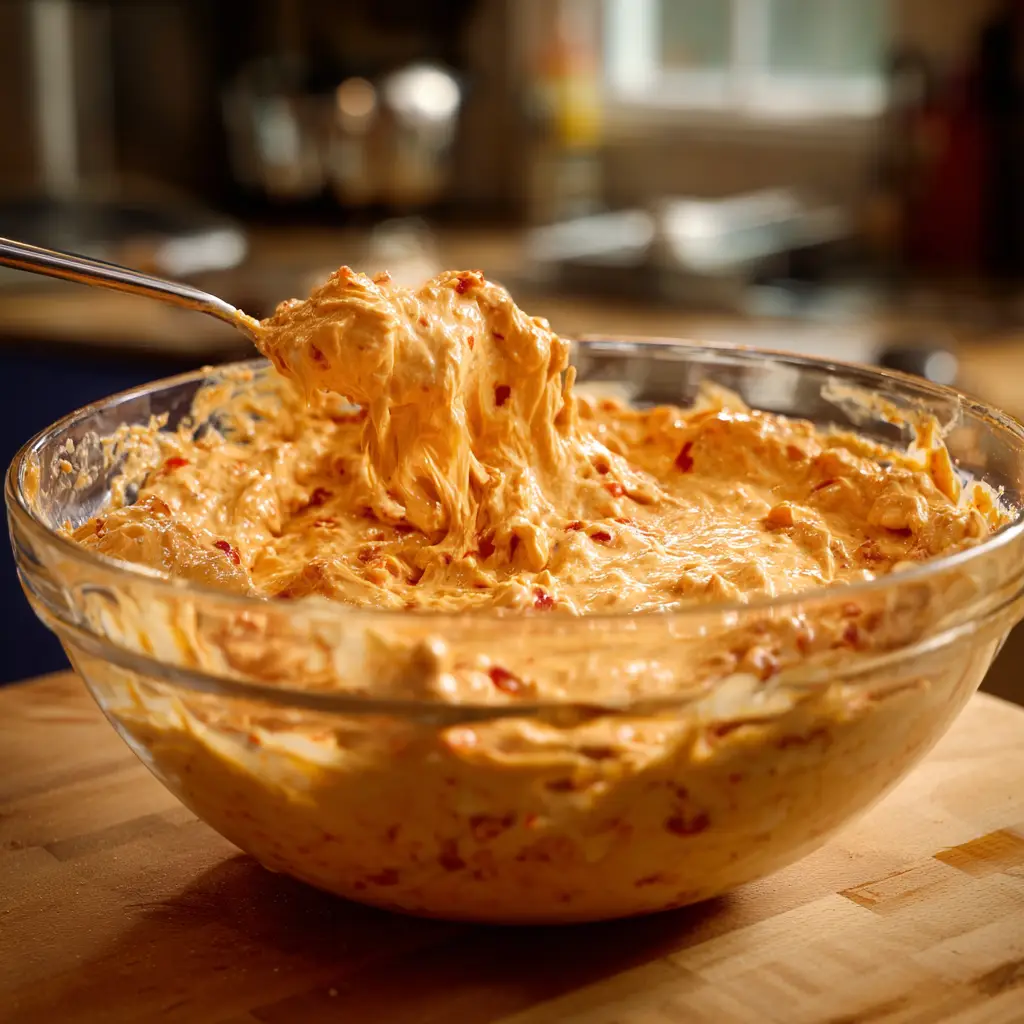 mixing-healthy-buffalo-dip Mixing step in healthy buffalo chicken dip recipe