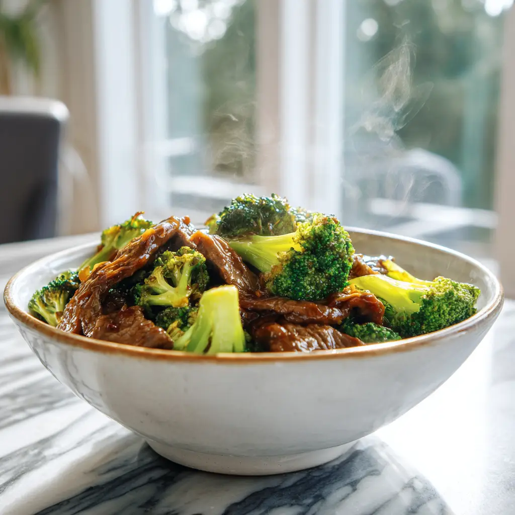 beef and broccoli healthy recipe in ceramic bowl