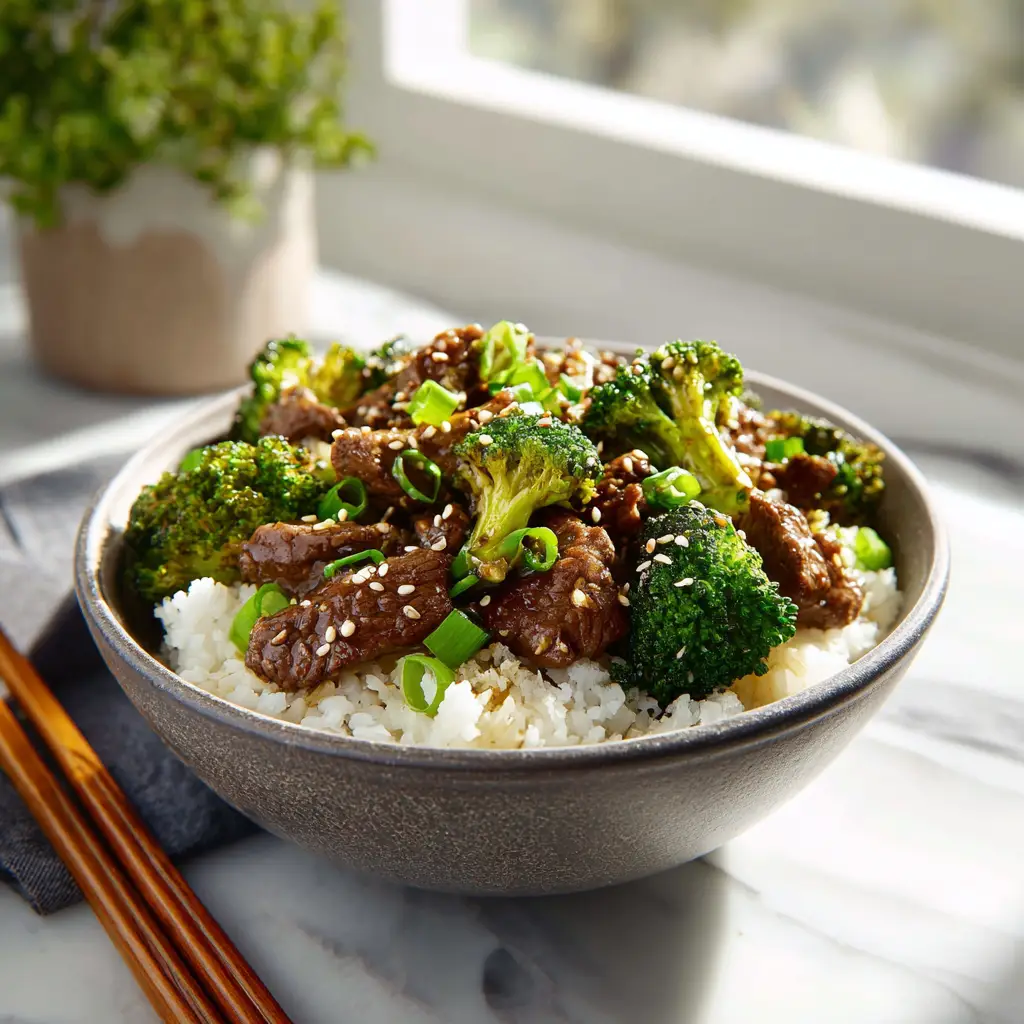Serving Healthy Beef and Broccoli Recipe beef and broccoli healthy recipe serving with cauliflower rice