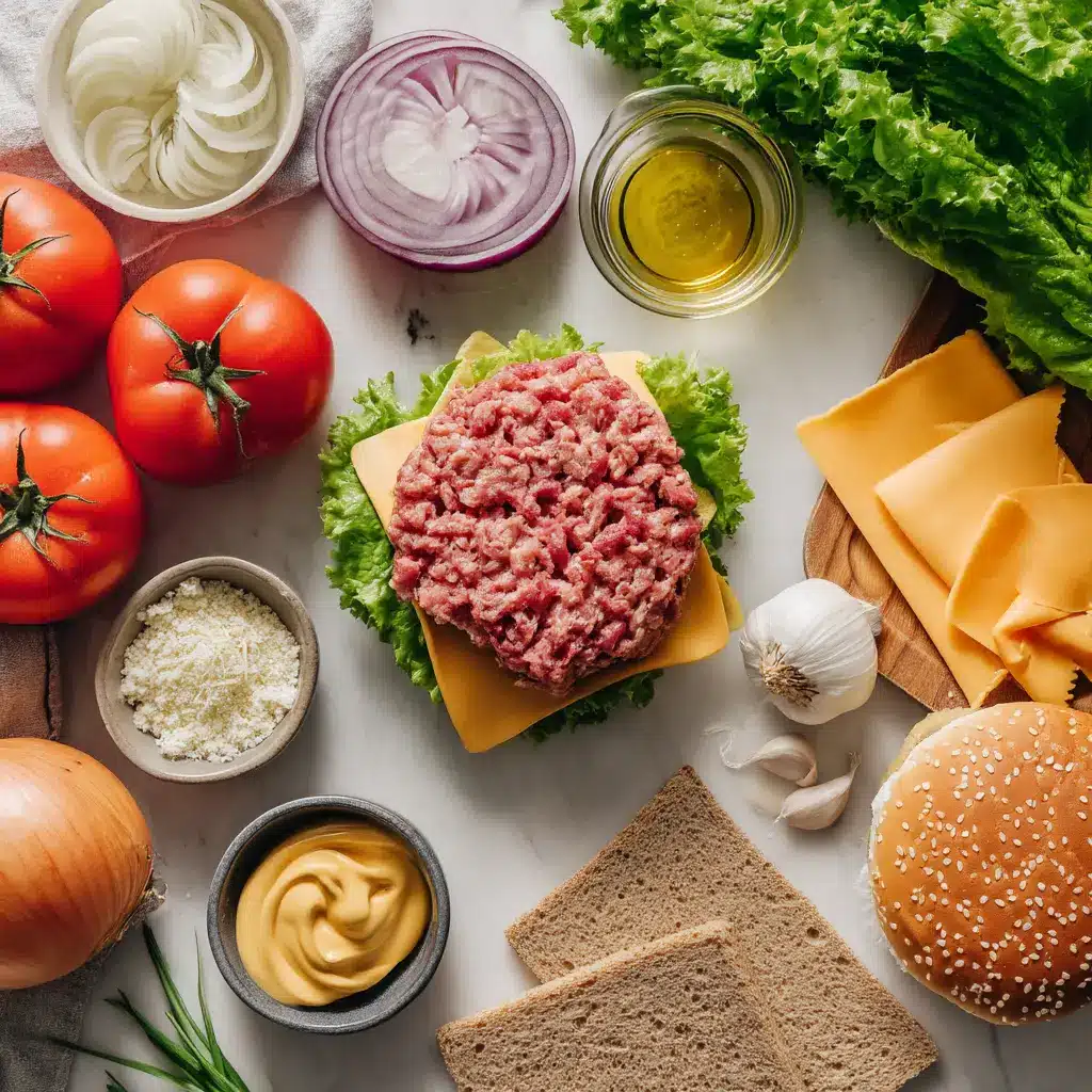 Lightened Up Burger Ingredients Flat Lay Ingredients laid out for lightened up burgers