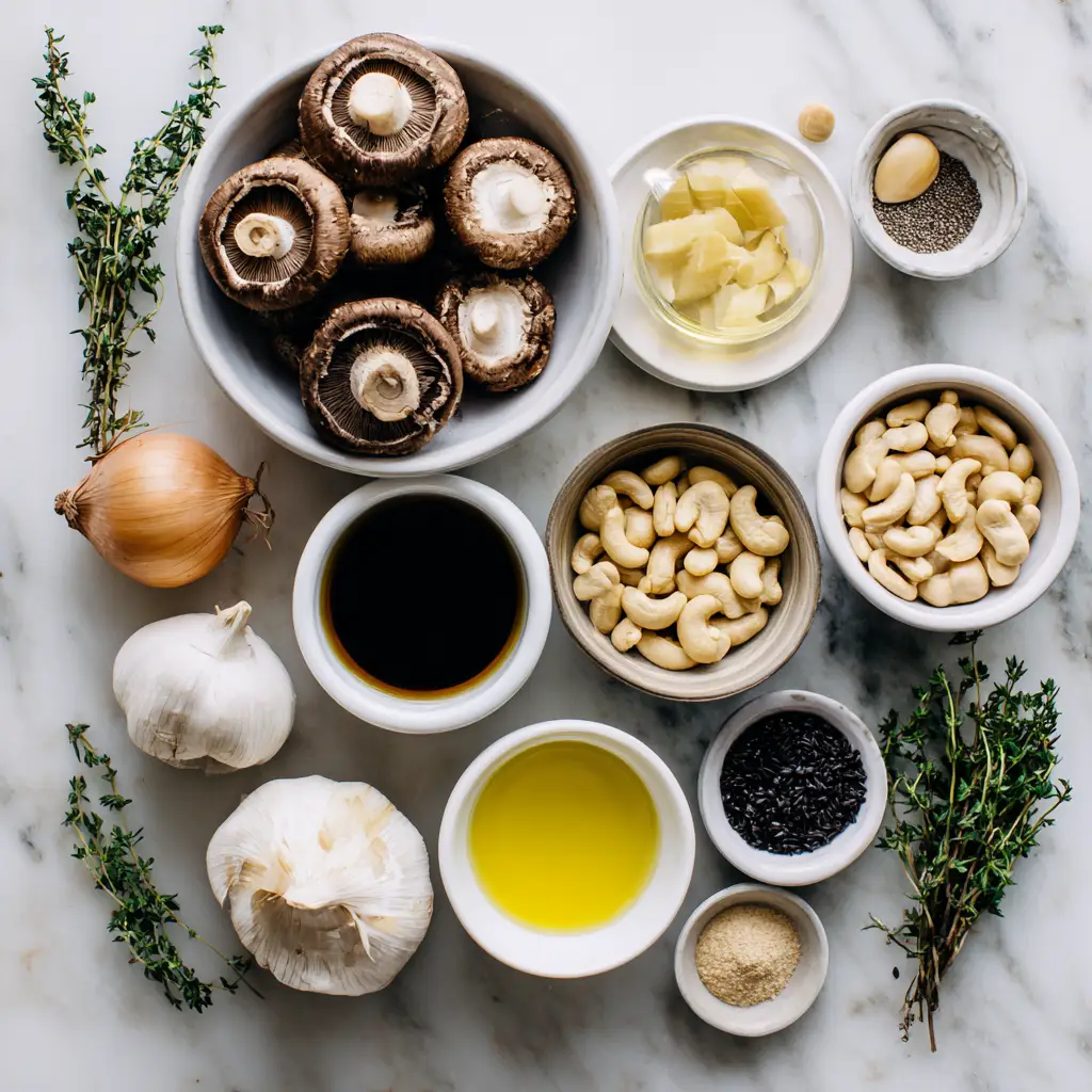 Ingredients for Healthy Mushroom Soup Recipe Healthy mushroom soup ingredients flat lay