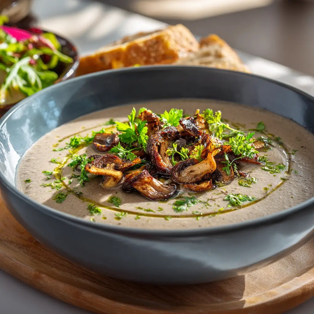 Healthy mushroom soup without cream in a modern bowl