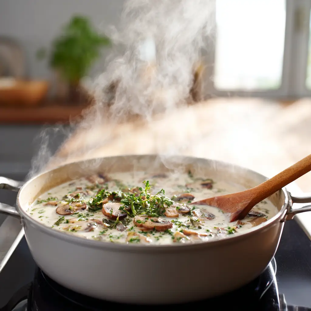 Cooking Healthy Mushroom Soup – Step by Step Healthy mushroom soup simmering on stovetop with steam
