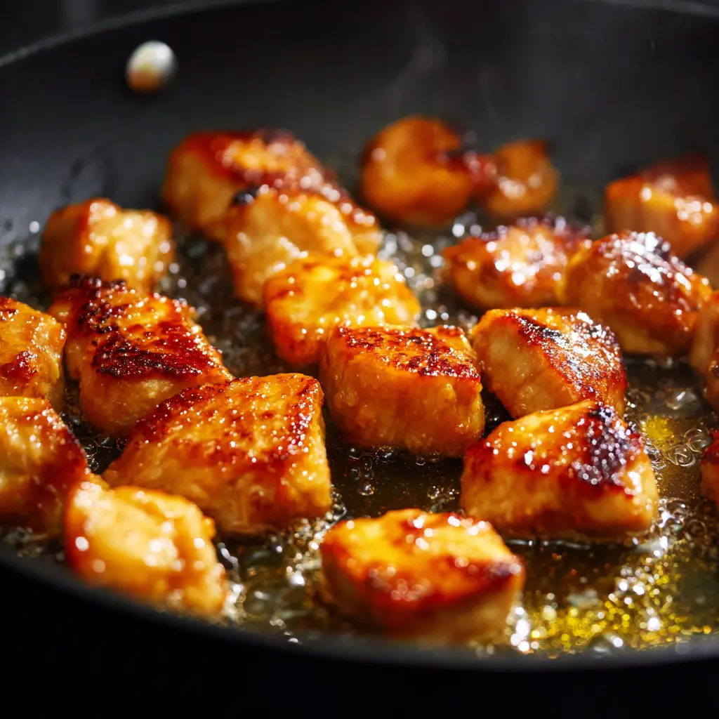 Cooking Step for Orange Chicken Chicken cooking in skillet for healthy orange chicken