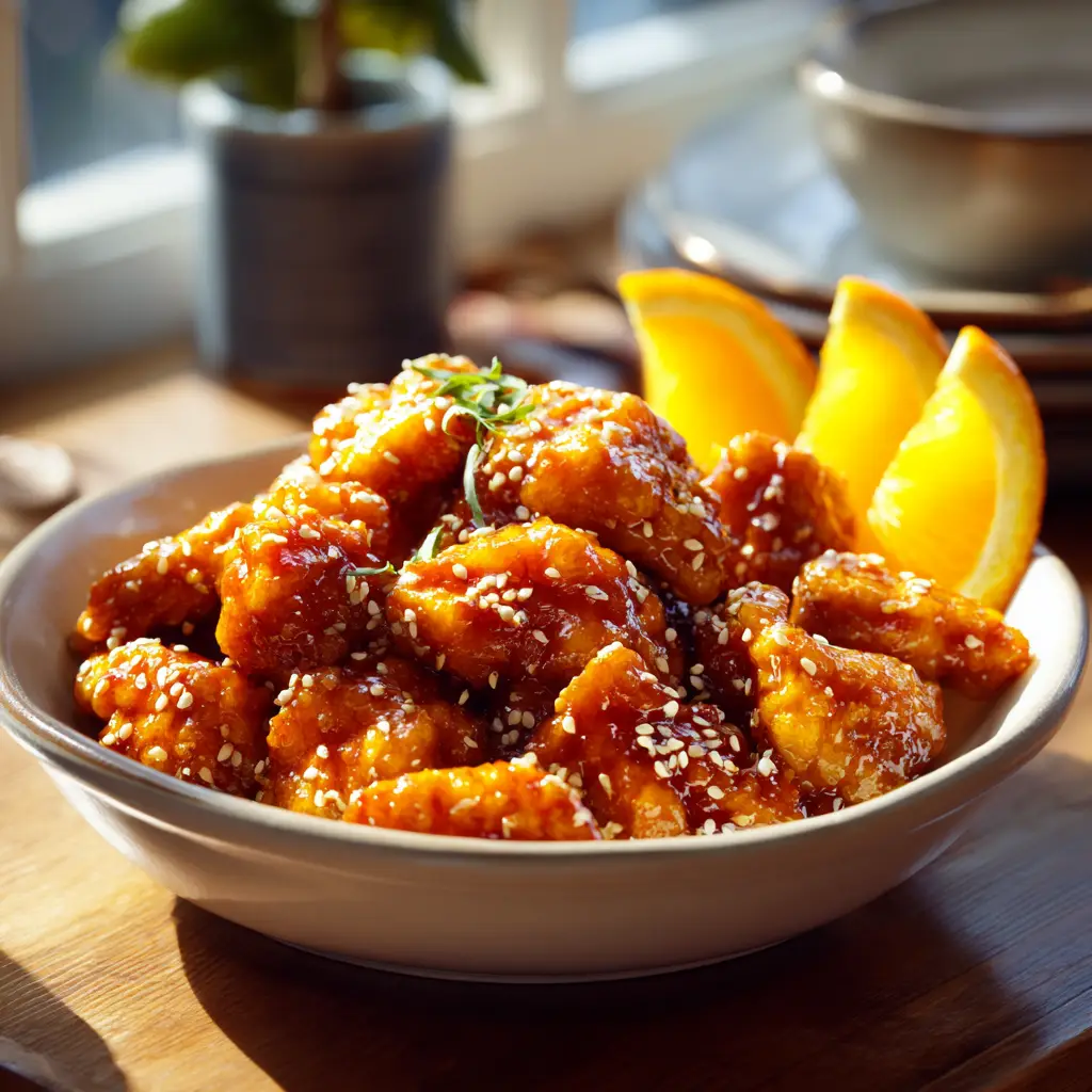 Healthy orange chicken in white bowl with orange glaze