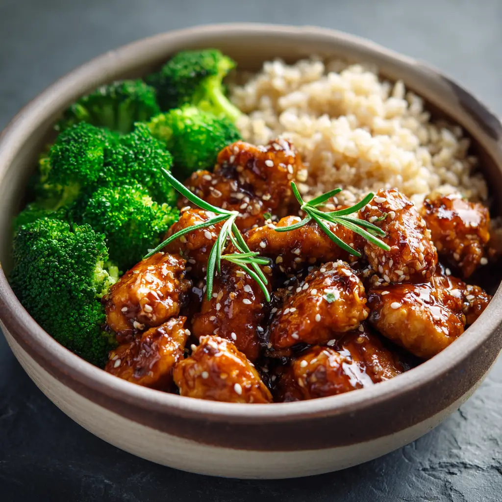 Served Healthy Orange Chicken Bowl Healthy orange chicken recipe with rice and broccoli