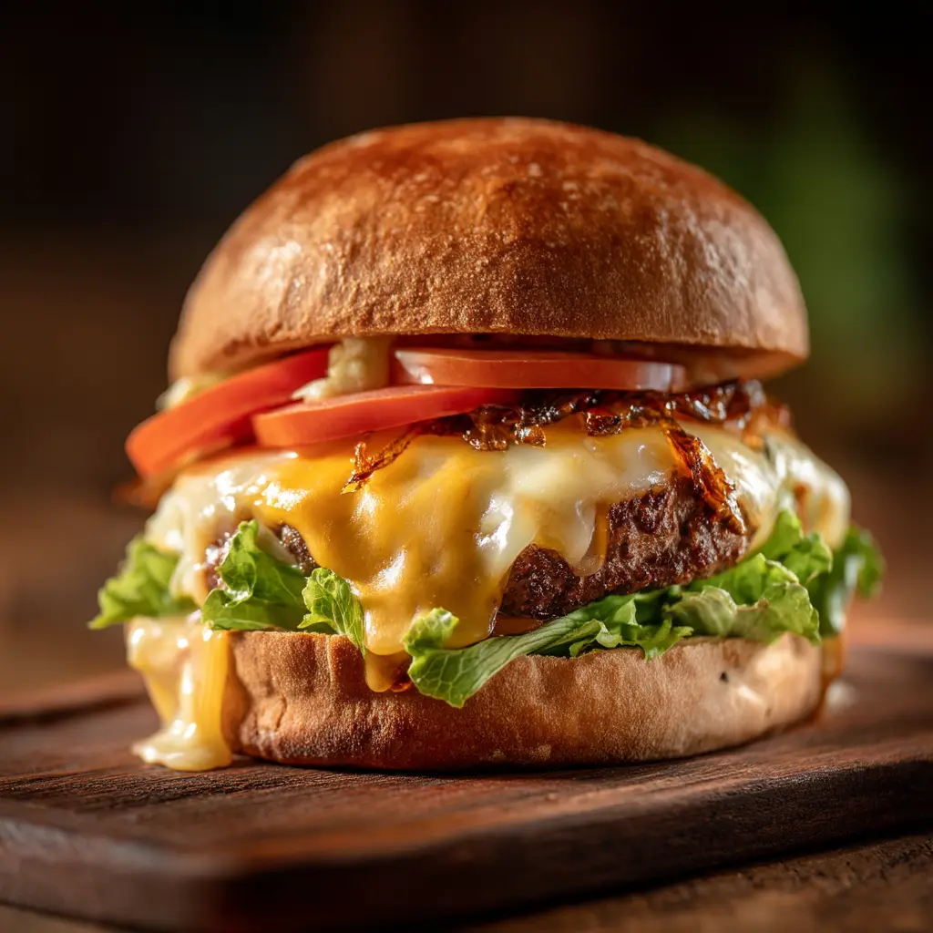 Lightened up burger close‑up on whole wheat bun