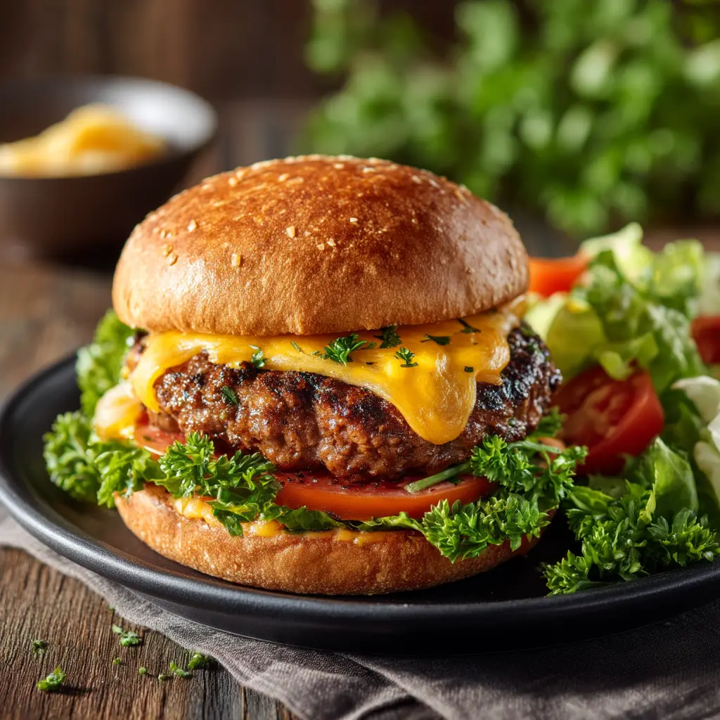 Serving Lightened Up Burger with Salad Lightened up burger served with salad