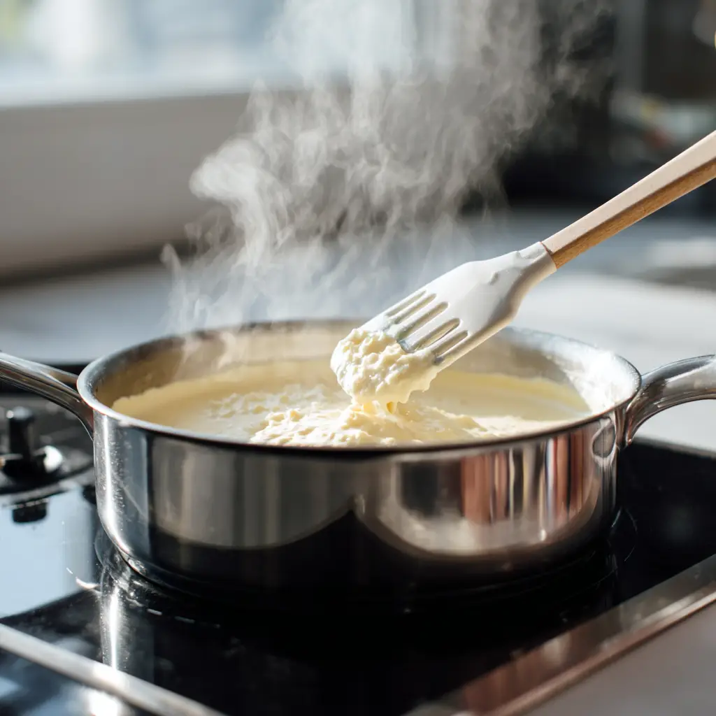 Making Low Calorie Mac and Cheese – Cooking Step Cooking low calorie cheese sauce on stovetop