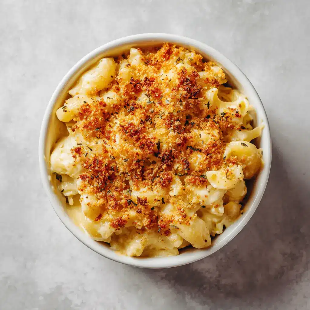 Low calorie mac and cheese with golden topping in white bowl