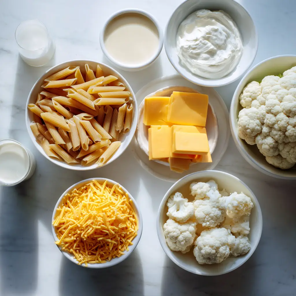 Low Calorie Mac and Cheese Ingredients Overview Ingredients for low calorie mac and cheese arranged in bowls