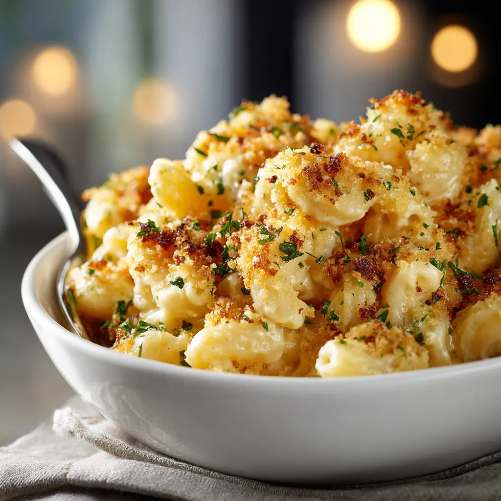 Serving Low Calorie Mac and Cheese – Comfort Bowl Served low calorie mac and cheese in a white bowl with crispy topping