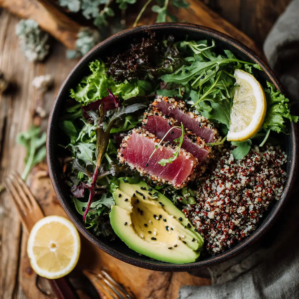 High-Protein Tuna Bowl for Weight Loss tuna fish and weight loss bowl on rustic table
