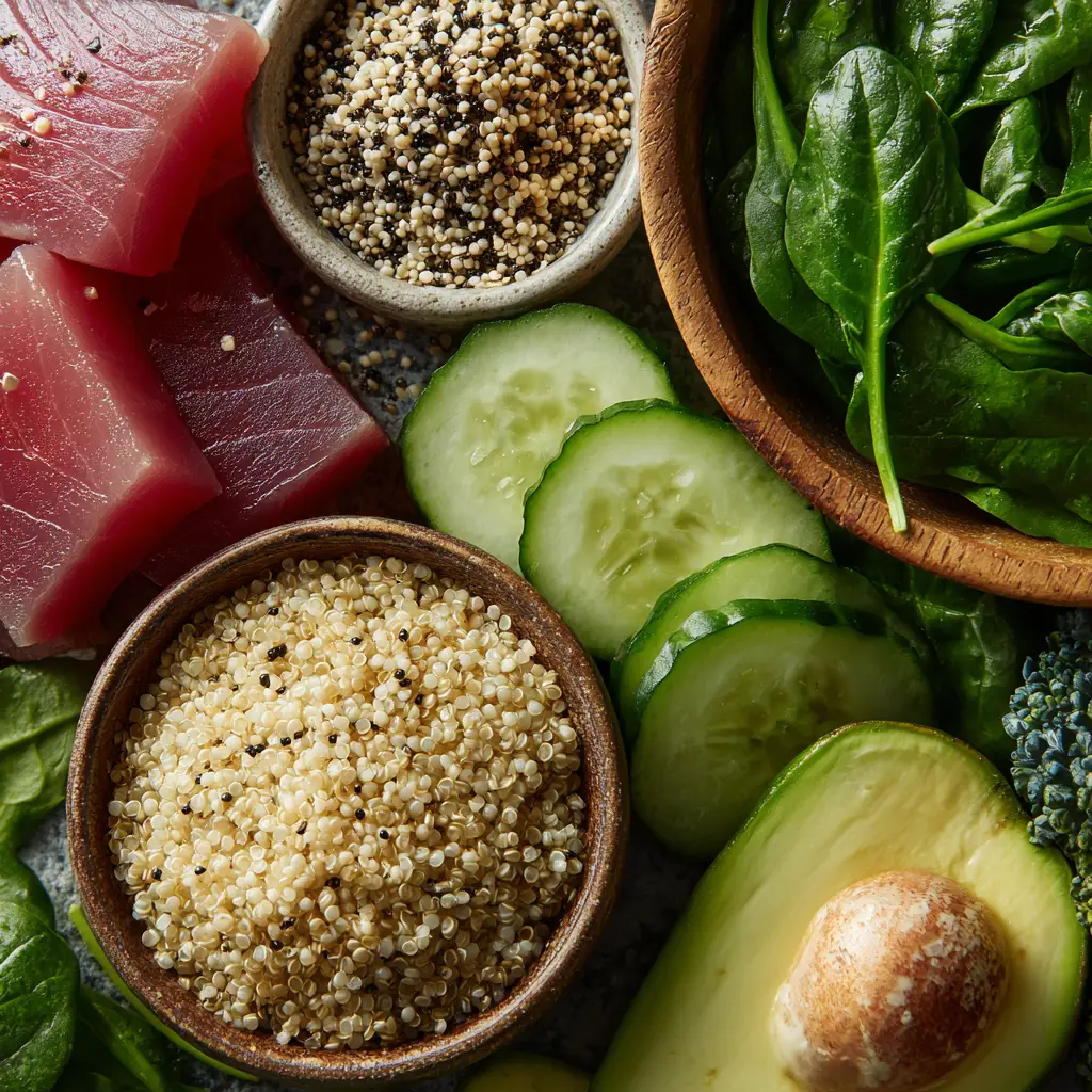 Ingredients for High-Protein Tuna Bowl tuna fish and weight loss ingredients layout