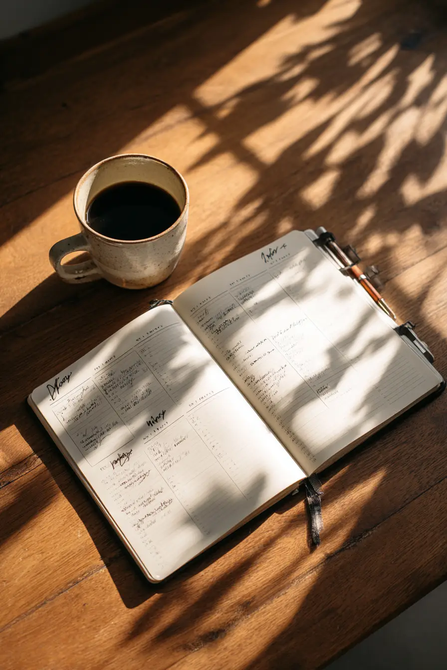 7 Day Stress Sleep Weight Loss Plan Overhead shot of open planner with 7-day action plan handwritten, coffee mug, sunlight on wooden table, natural tone