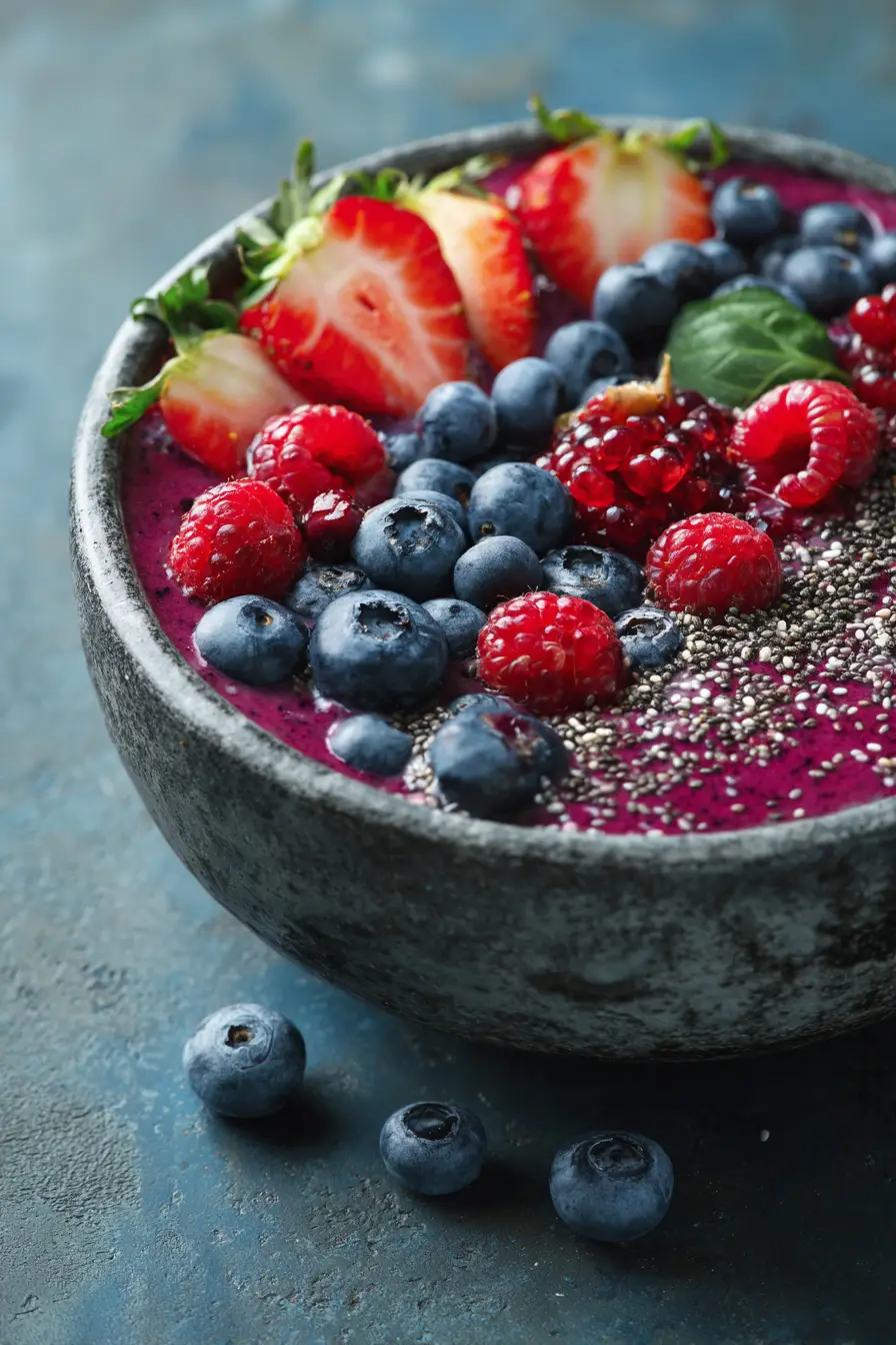 Cortisol Calming Foods photo of a colorful smoothie bowl with berries, spinach, and chia seeds, representing cortisol-calming foods, bright daylight shot
