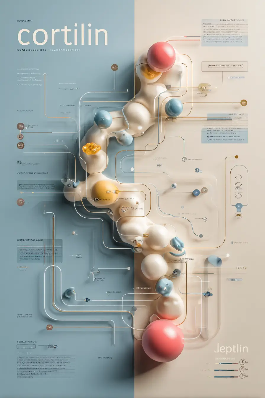 Cortisol Ghrelin Leptin Chart Infographic-style image showing cortisol, ghrelin, leptin pathways, realistic diagram with labeled hormones, soft medical colors, minimal style