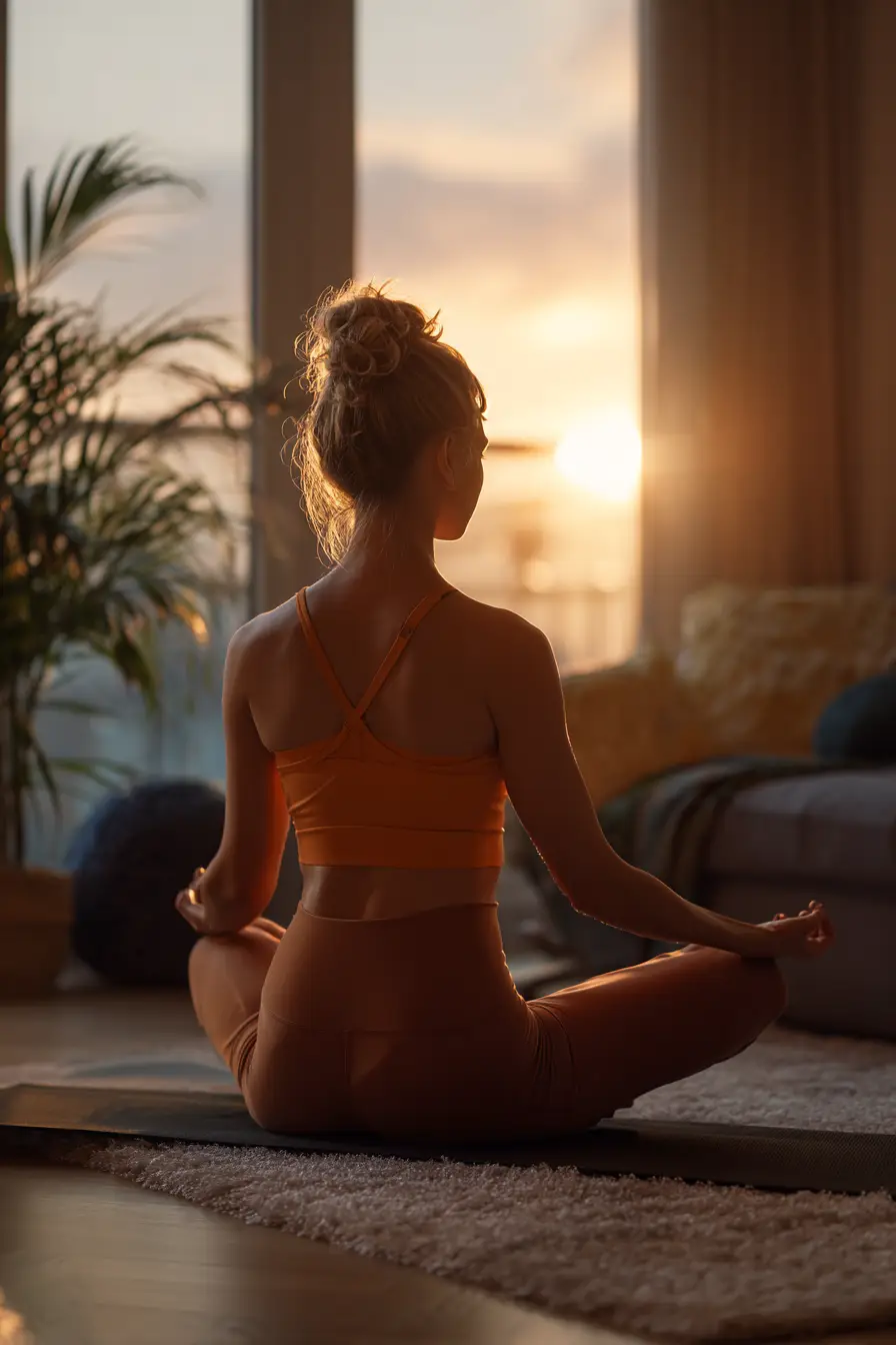 Evening Yoga for Weight Loss woman doing yoga at sunset to reduce stress and support her weight loss daily routine
