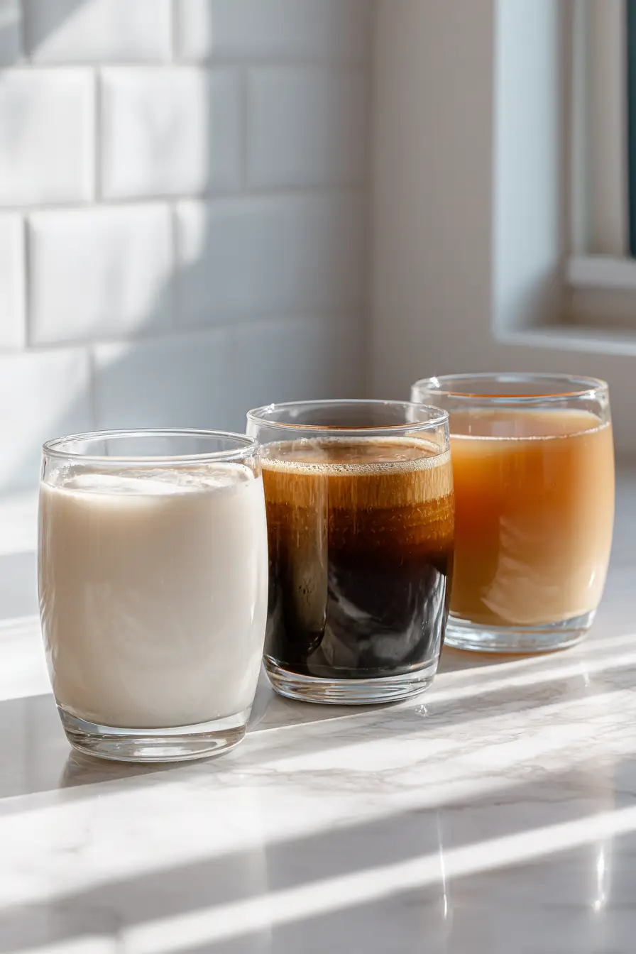 Daily Gelatin Diet Routine – Coffee, Smoothie, Broth Three drinks showing daily gelatin diet principles: collagen coffee, protein smoothie, and bone broth