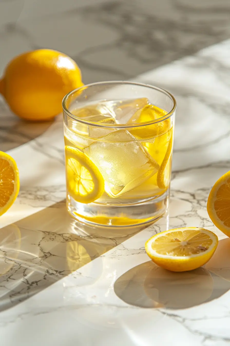 gelatin-trick-drink-served-modern what is the gelatin trick : Glass of gelatin drink served with lemon slices on a marble countertop