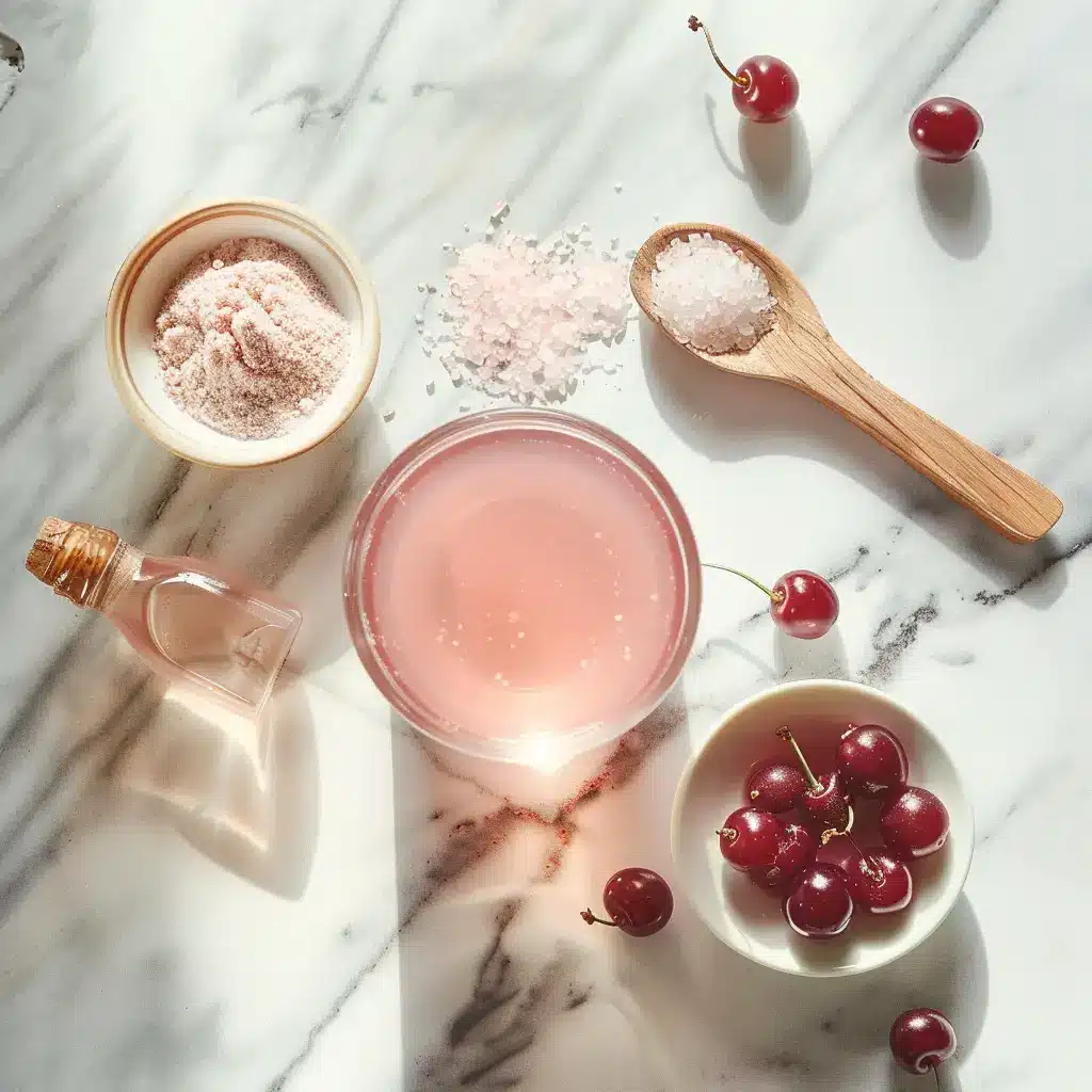 The Gelatin Trick for Weight Loss: A Complete Science-Backed Guide 1 A translucent pink gelatin drink with unflavored gelatin powder, cherry juice, and Himalayan salt on a marble surface — representing the viral “gelatin trick for weight loss.”