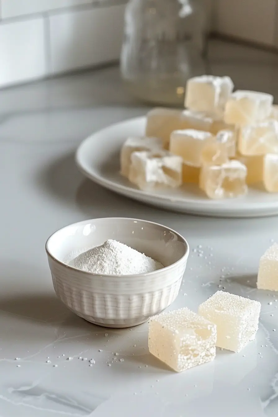 gelatin-trick-ingredients-modern Unflavored gelatin powder and clear gelatin cubes on a marble countertop