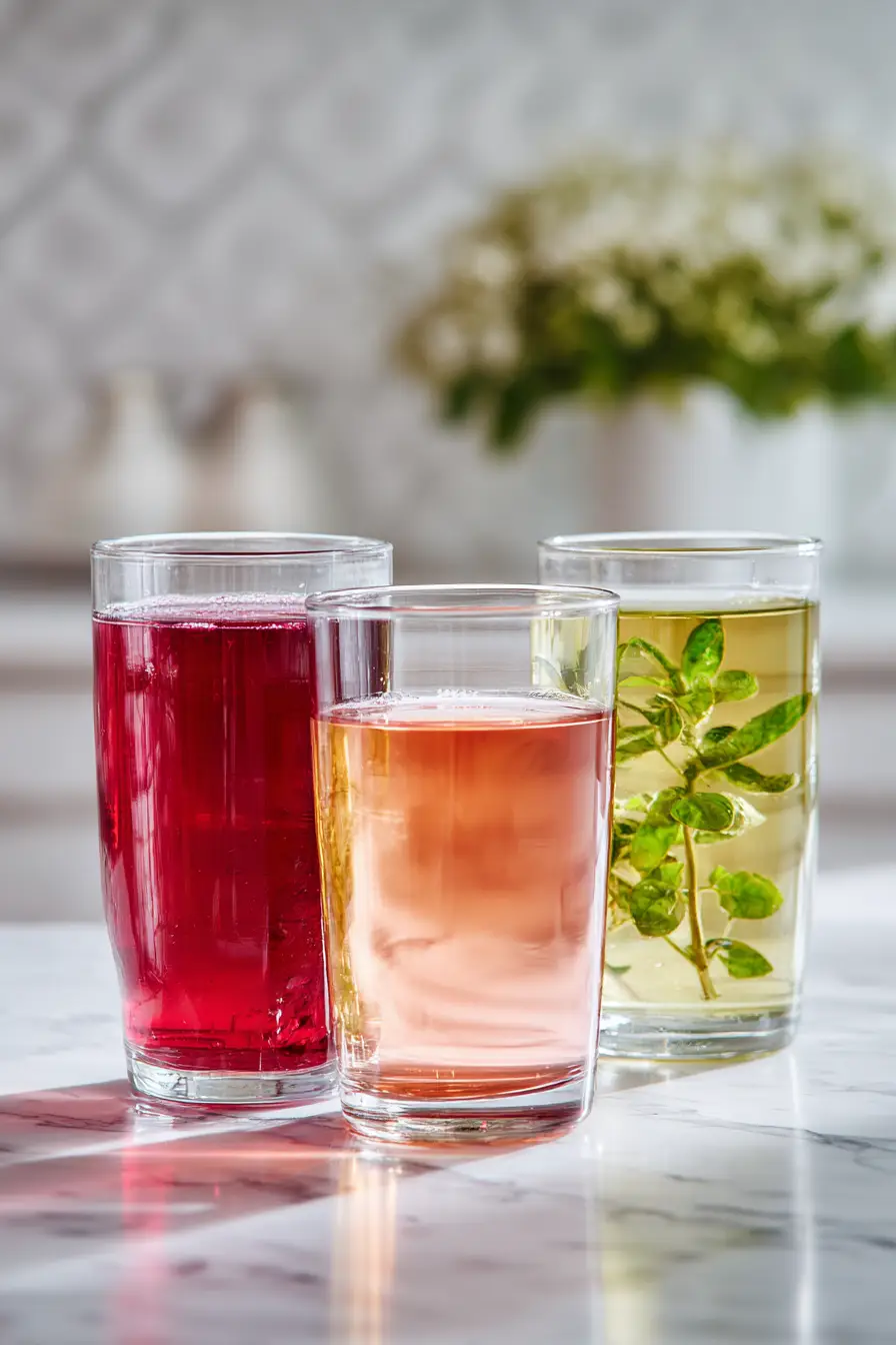 gelatin-trick-liquid-base-options Water, tart cherry juice, and herbal tea glasses aligned on a modern marble counter