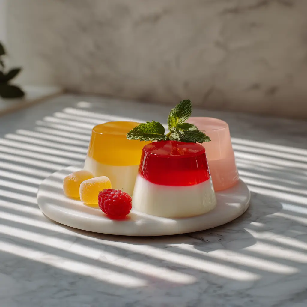 Gelatin Weight Loss Recipes: 3 Easy, High-Protein Ideas That Actually Work 1 A collection of three gelatin weight loss recipes – drink, a gummies, and panna cotta on a modern kitchen counter