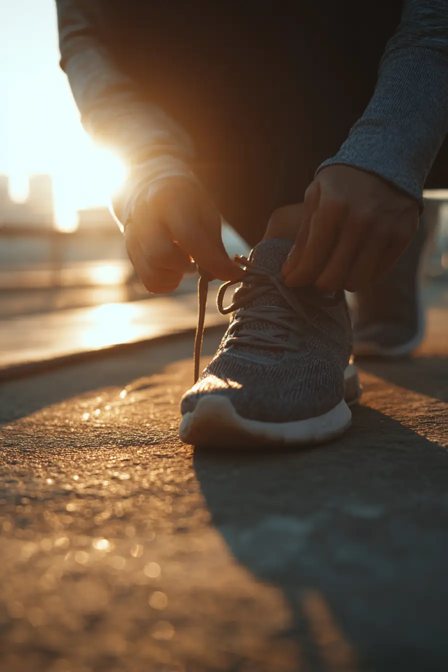 Daily Habits Motivation Close-up of hands tying sneakers before a morning walk, sunlight and calm mood