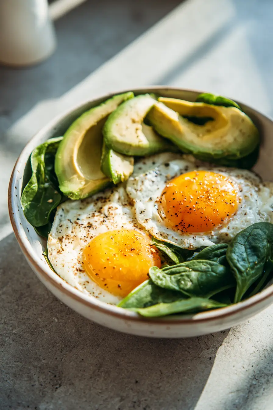 High-Protein Breakfast for Weight Loss high-protein breakfast with eggs, avocado, and spinach for a weight loss daily routine
