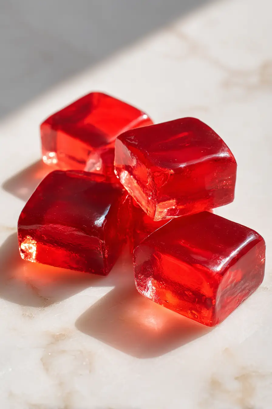 High-Protein Gelatin Weight Loss Gummies – Healthy Snack A close-up of homemade red protein gelatin gummies – a healthy gelatin weight loss recipe snack