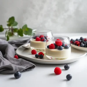 Gelatin Weight Loss Recipes: 3 Easy, High-Protein Ideas That Actually Work 4 Two glass ramekins filled with sugar-free panna cotta, topped with berries, on a white plate in a modern kitchen