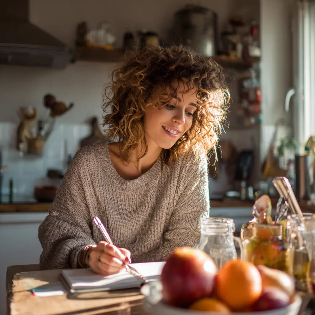 Motivation for Natural Weight Loss: How to Stay Inspired and Consistent for Real Results 1 A cheerful woman journaling her goals at a bright kitchen table