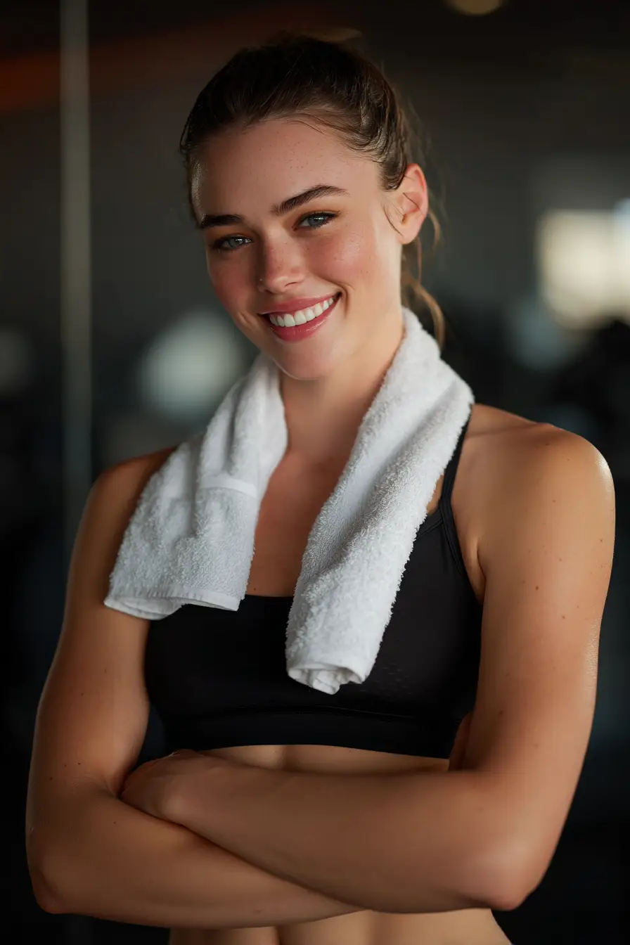 Motivation During Weight Loss Plateau Fit woman smiling after workout, towel on shoulder, gym setting, confident and relaxed