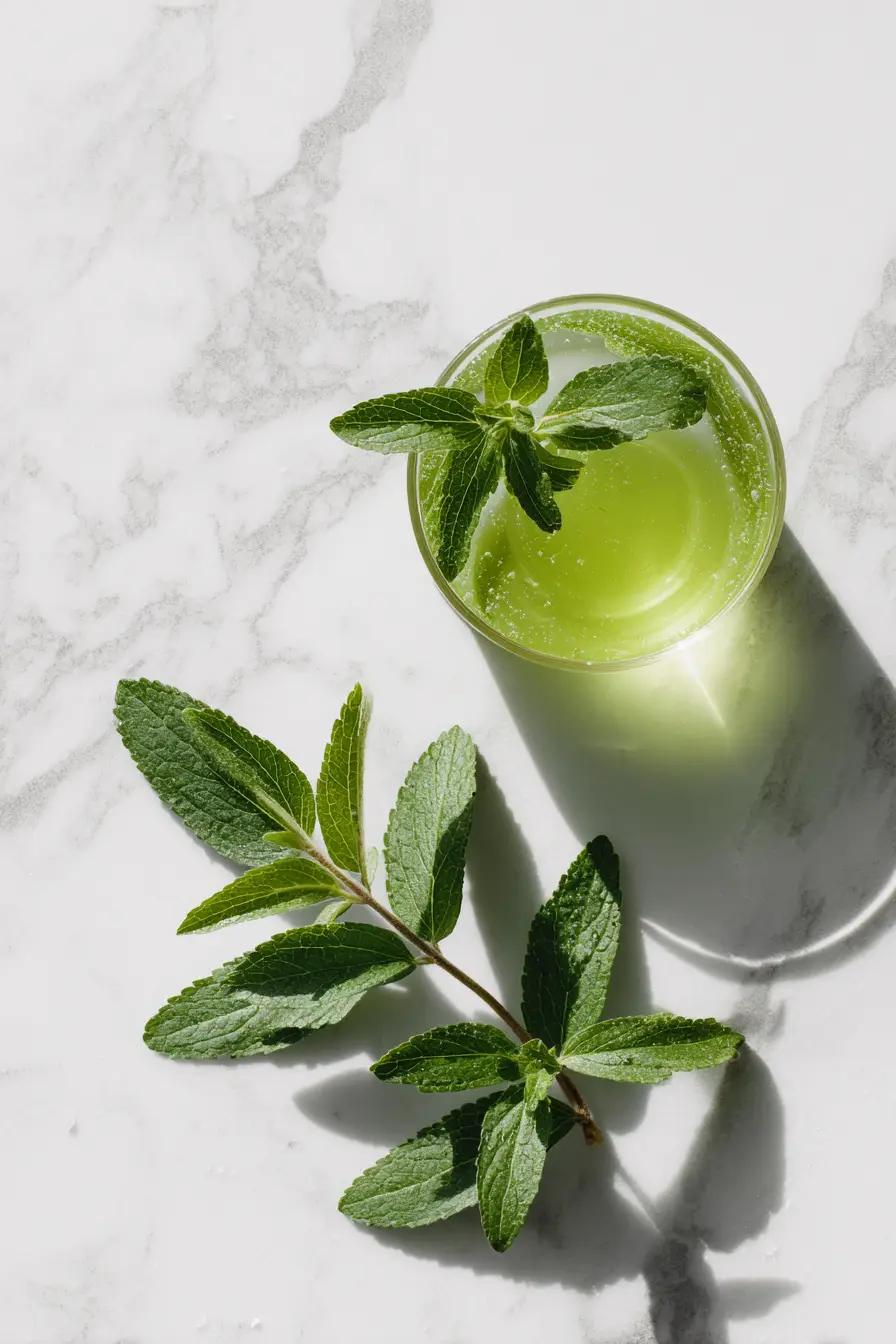 natural-sweeteners-gelatin-trick-ingredients Stevia leaves, monk fruit extract, and gelatin drink arranged on marble counter