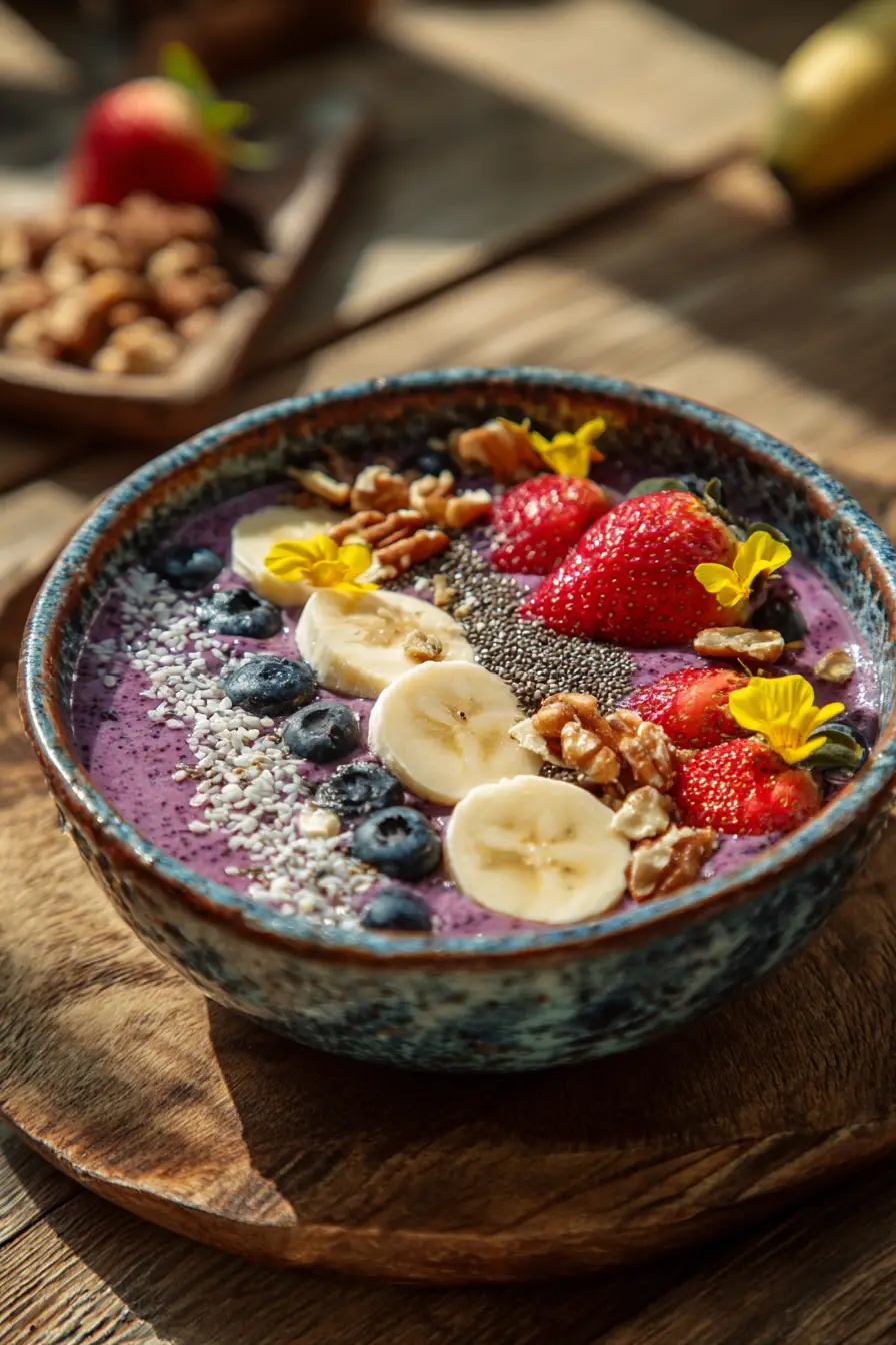 Natural Weight Loss Smoothie Colorful smoothie bowl with fruits, chia seeds, and nuts on a rustic wooden table, vibrant natural light