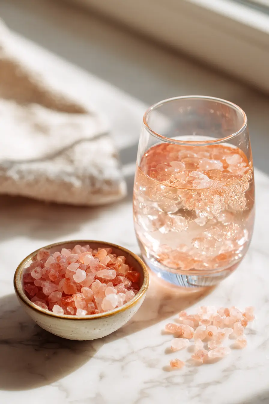 Pink Himalayan Salt – Hidden Hero of the Gelatin Trick Pink Himalayan salt crystals beside a glass of gelatin drink on marble countertop