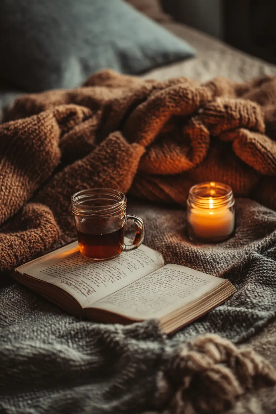 stress-sleep-weight-loss-evening flat lay of a cozy evening tea scene, open journal, candle, book, and blanket symbolizing rest and stress relief, warm light