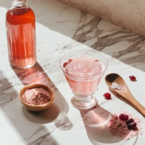 The Gelatin Trick for Weight Loss: A Complete Science-Backed Guide 2 Glass of tart cherry gelatin drink on marble surface with cranberry, pink powder, and Himalayan salt in a modern kitchen