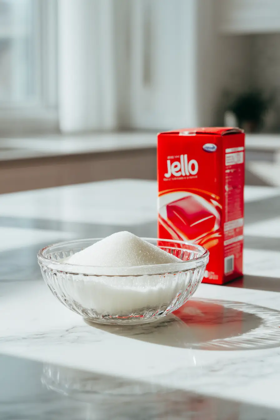 Unflavored vs Flavored Gelatin – Best for the Gelatin Trick Comparison of unflavored gelatin powder and red Jell-O dessert on a marble countertop